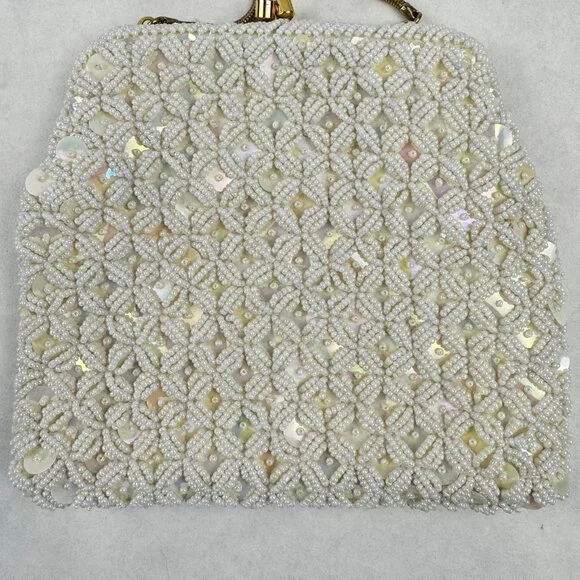 Vintage Womens White Beaded Geometric Floral Evening Bag Small Clutch Purse HK - Picture 4 of 12